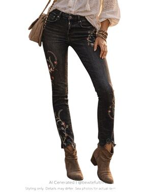 Boho Embroidered Skinny Jeans Black Floral Raw Hem Indie Sleaze S